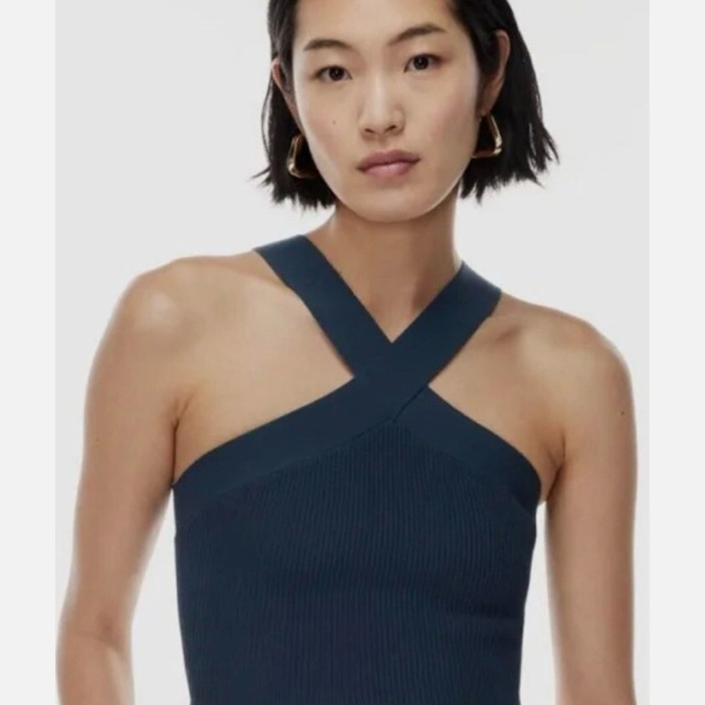 Aritzia Babaton Teal Sculpt Knit Criss Cross Crop Top